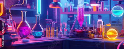 Neon vector laboratory scene with colorful experimentation elements.