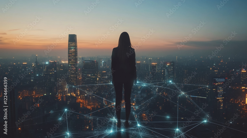 Fototapeta premium Abstract business woman stands on Smart digital Innovation city with connection network reciprocity over the twilight cityscape. of future wireless digital city and social media networking systems