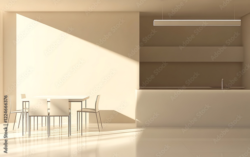 Fototapeta premium A minimalist modern home office setup featuring an empty wall, a dining area with a table and chairs, and a sleek kitchen counter
