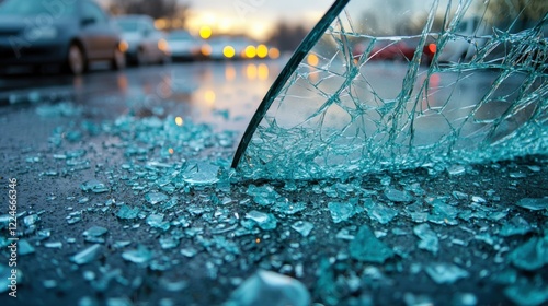 Shattered car side window with glass fragments on ground in parking lot