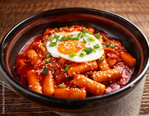 Spicy Tteokbokki topping with pouched egg served in a bowl , professional food photo, restaurant angle view composition showcasing vibrant colors and textures. photo