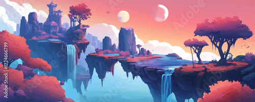 Fantasy landscape vector with floating islands at sunset and dual moons.