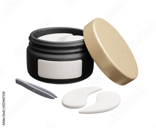 Luxury black jar of hydrating eye patches cosmetic product. Anti aging Korean skincare treatment 3D vector illustration. Hydrogel eye patches with tweezers applicator realistic vector render.