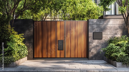 Elegant Modern Gate Featuring Sleek Wooden Panels and Stylish Metal Handles Blending Contemporary Design with Functional Aesthetics Creating an Inviting Entrance to Any Property or Garden