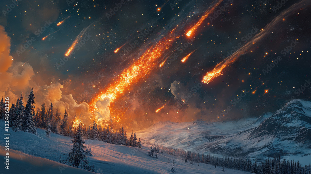 Fototapeta premium Fire Rain Over a Frozen Mountain