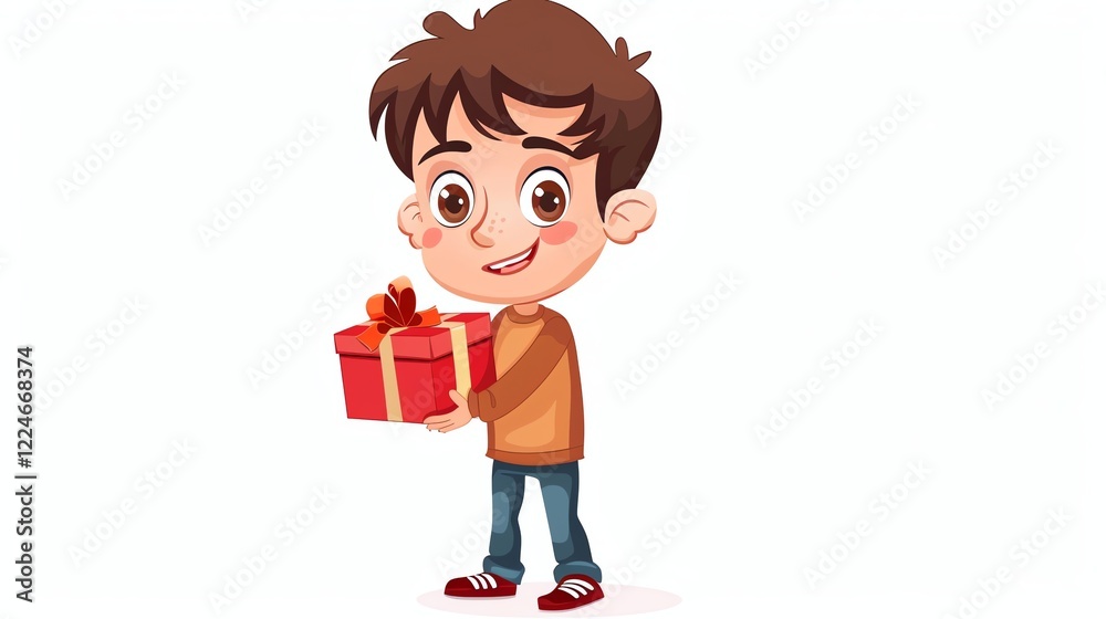 A cartoon boy holding a wrapped present, smiling.