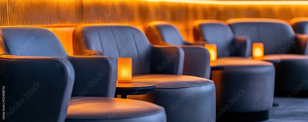 Fototapeta premium Cozy lounge with modern leather chairs and warm ambient lighting