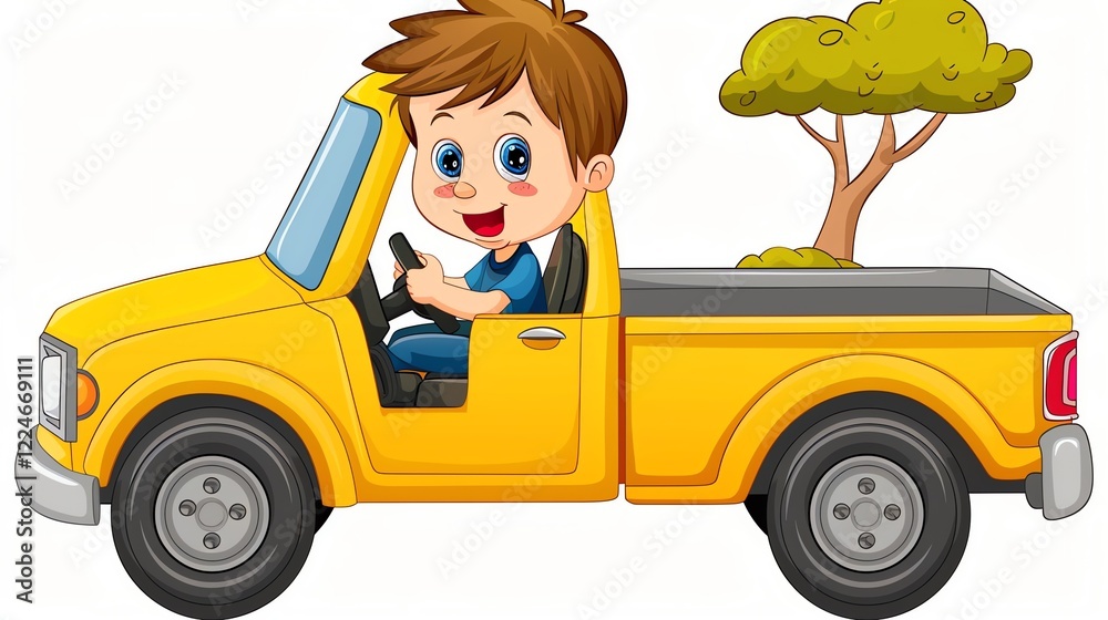 A cartoon illustration of a boy driving a yellow pickup truck. A cartoon illustration of a boy driving a yellow pickup truck.