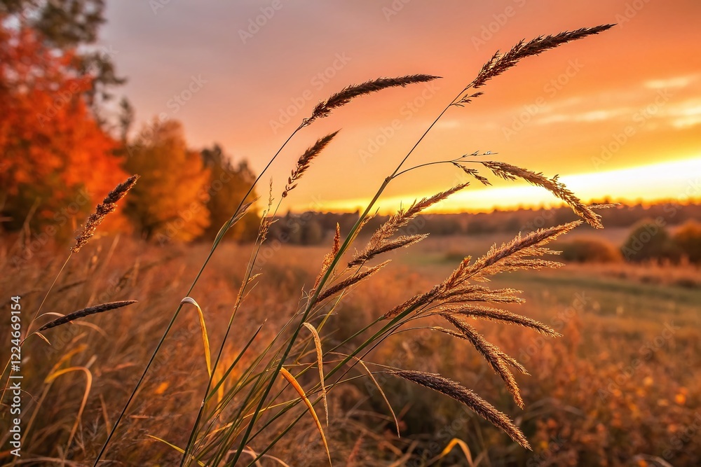 Obraz premium Golden Autumn Grass: Sunset Field Landscape Photography