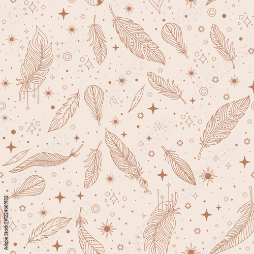 Magic linear feathers and stars seamless background vector