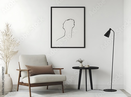 A minimalist Scandinavian living room with a white wall backdrop, featuring a dark wooden side table, a comfortable armchair, and a modern floor lamp