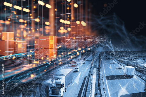 Fondo de diseño abstracto. Camiones y seguimiento de transporte. Carretera y entrega. Transporte autónomo. Automóviles sin conductor. Asistencia de IA y sistema de seguridad vial.