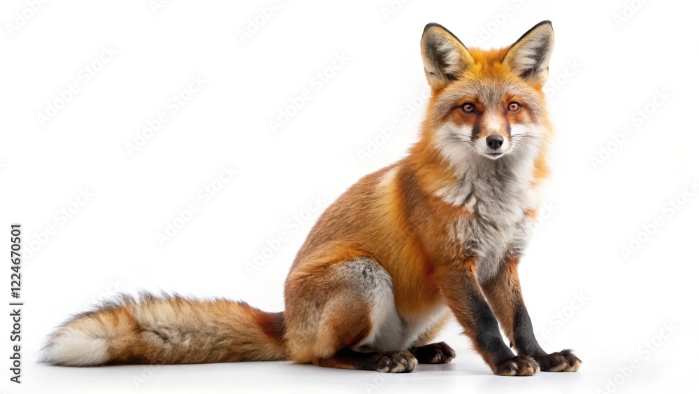 Red Fox Sitting on White Background