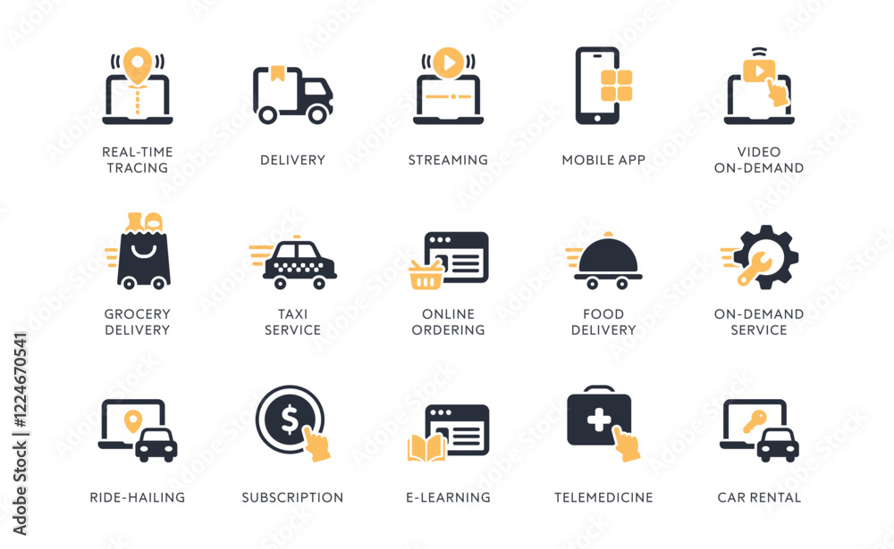 Explore a collection of ondemand icons covering services like streaming, food delivery, online ordering, telemedicine, and more to enhance your digital projects