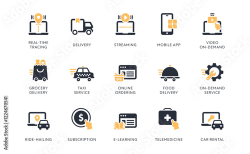 Explore a collection of ondemand icons covering services like streaming, food delivery, online ordering, telemedicine, and more to enhance your digital projects