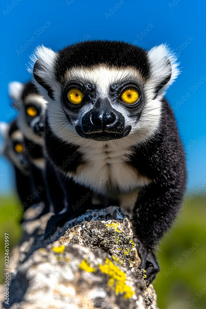 Fototapeta premium Lemurs with striking yellow eyes perched on a rocky surface against a blue sky backdrop.