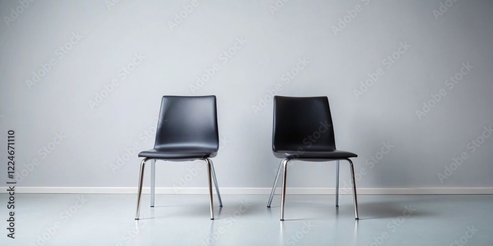 Obraz premium Two black vinyl chairs with metallic legs sit on a light gray floor against a light gray wall.