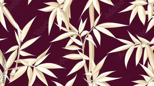 Elegant Beige Bamboo Leaves on Deep Burgundy Background Seamless Pattern
