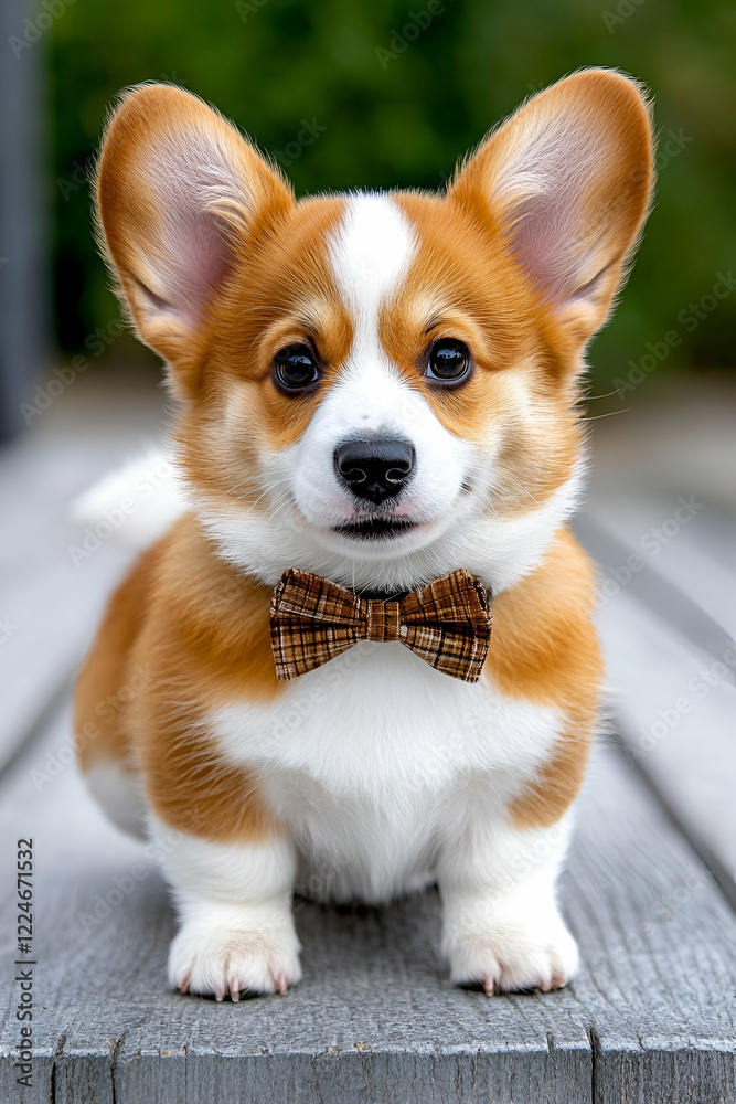 Adorable corgi puppy with a bow tie sitting on wooden surface, showcasing its playful and charming personality. Adorable corgi puppy with a bow tie sitting on wooden surface, showcasing its playful and charming personality.