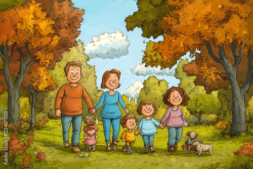 Happy Cartoon Family Walking in the Park photo