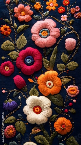 A texture of embroidered fabric with intricate floral patterns.