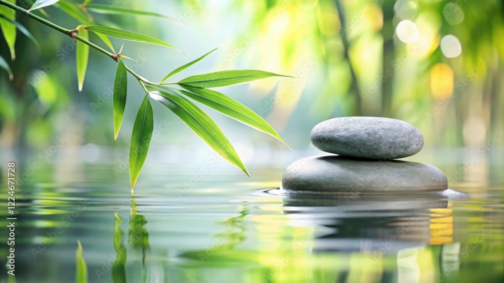 Naklejka premium Serene stones and bamboo leaves floating peacefully on tranquil water, evoking calmness and inner peace