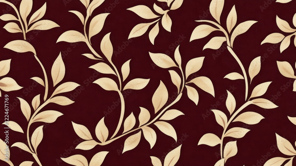 Elegant Beige Leaf Pattern on Dark Red Background Elegant Beige Leaf Pattern on Dark Red Background