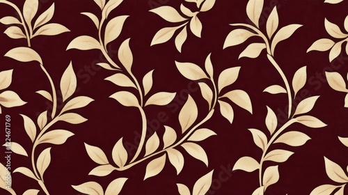 Wallpaper Mural Elegant Beige Leaf Pattern on Dark Red Background Torontodigital.ca