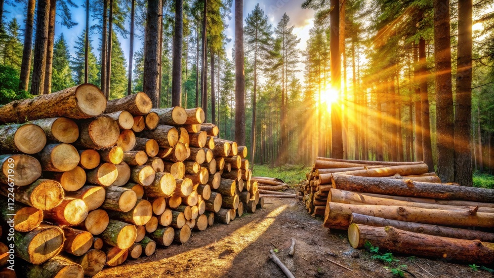 Golden Hour Lumber Stacks in a Sun-Drenched Forest