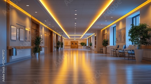 Modern hospital corridor with warm lighting, plants, and seating.