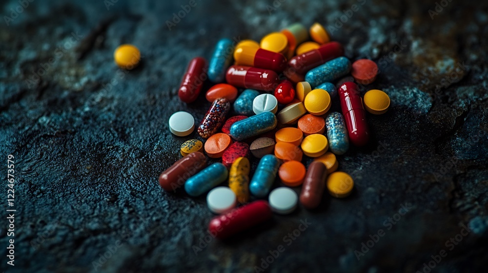 Colorful pills scattered darkly on textured surface. AI Generated Colorful pills scattered darkly on textured surface. AI Generated