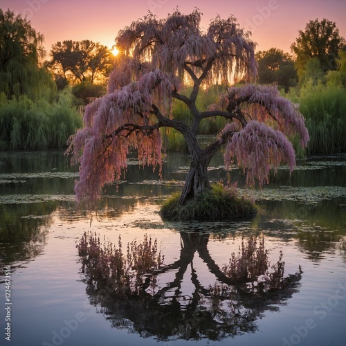A weeping willow tree covered in pink blooms, its branches dipping into a crystal-clear pond at sunrise.