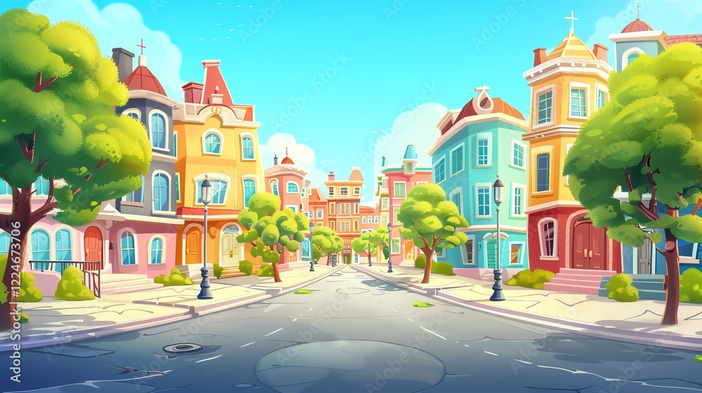 Fototapeta premium A cartoon street lined with colorful houses.