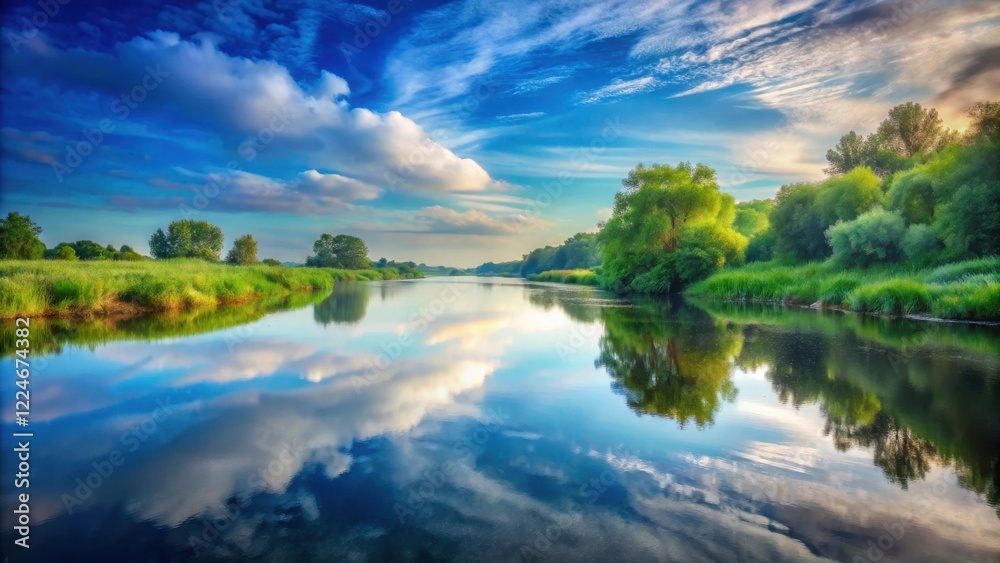 Obraz premium Serene River Reflecting a Vivid Summer Sky and Lush Green Banks