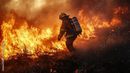 Firefighter Walking Through Flames – Heroic Duty photo