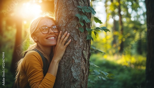 Fototapeta Naklejka Na Ścianę i Meble -  Woman hugging tree, forest sunset, nature connection, eco-lifestyle