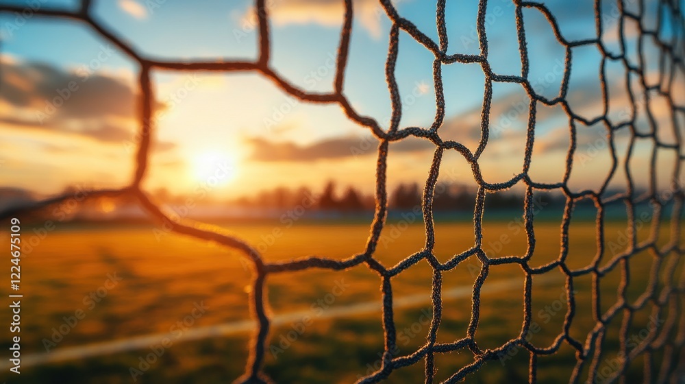 Sunset view through worn soccer goal net. Sunset view through worn soccer goal net.