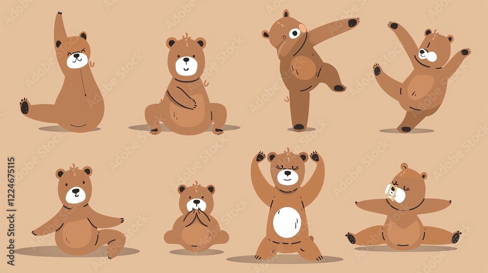 Fototapeta premium A set of cartoon brown bears practicing yoga.