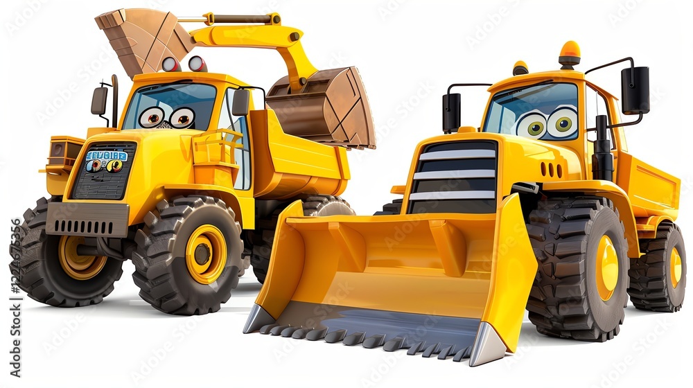 Fototapeta premium A cartoon illustration of two construction vehicles.