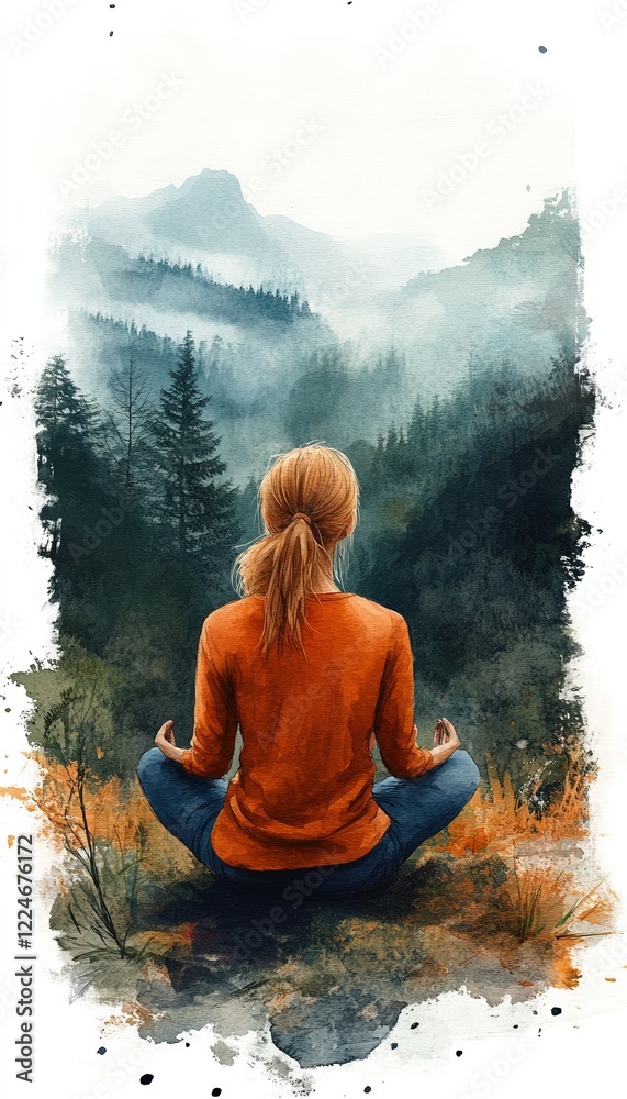 Obraz premium Woman Meditates Mountaintop Misty Landscape