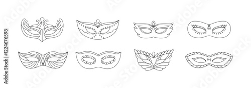 Linear carnival masks. Contour, outline drawing, sketch. Coloring page. Festival costume element. Mardi Gras carnival mask. Brazil carnival, Venice. Masquerade. Vector.