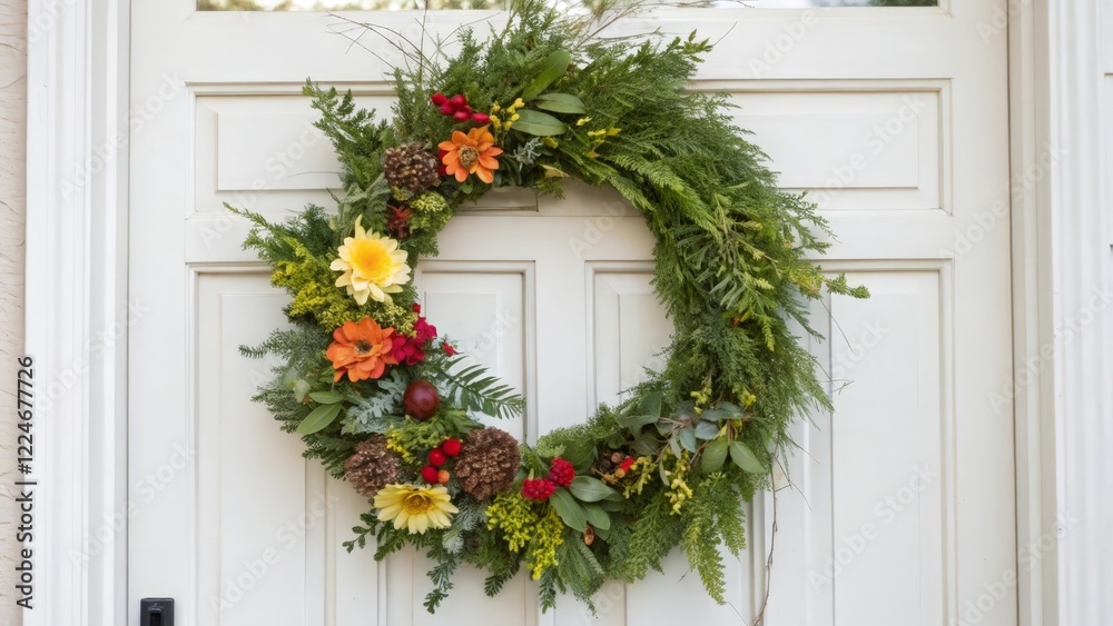 Naklejka premium Floral Wreath on White Door