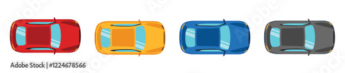 Set of vector illustration of modern car in cartoon flat style. Simple picture of land vehicle transportation. Familiy car up view. Modern technology automobile. Colorful exterior body car