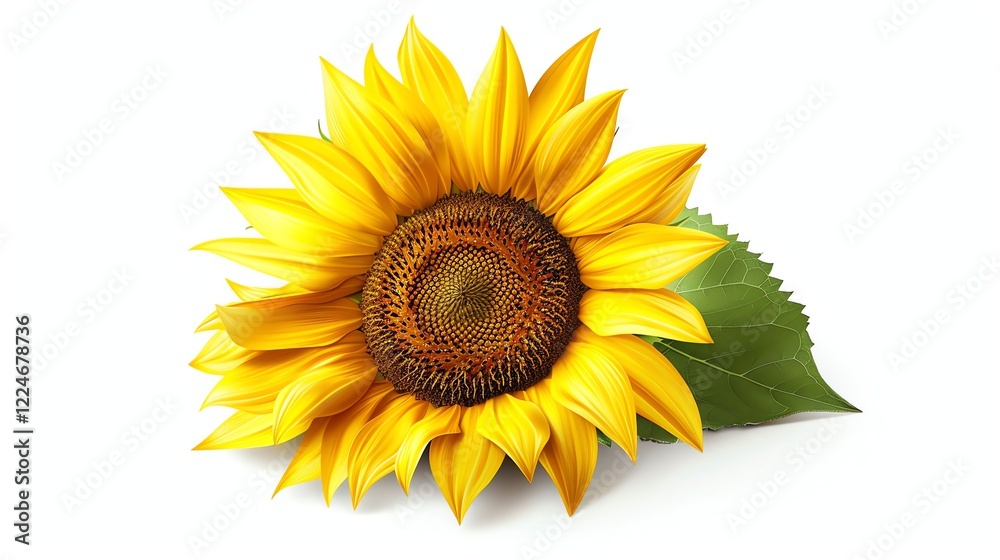 Obraz premium A vibrant yellow sunflower with green leaves on a white background.