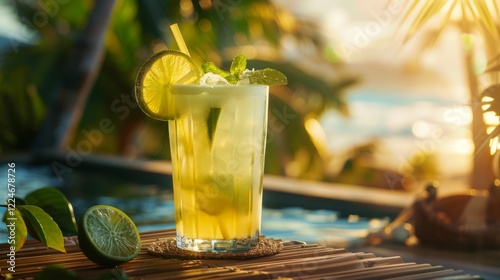 Tropical refreshing cocktail on the beach orange yellow with pineapple and orange in the sun rays, summer