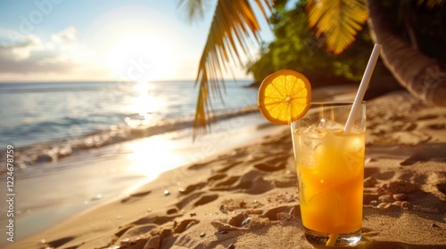 Tropical refreshing cocktail on the beach orange yellow with pineapple and orange in the sun rays, summertime palms