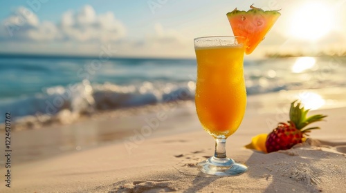 Tropical refreshing cocktail on the beach orange yellow with pineapple and orange in the sun rays, summer