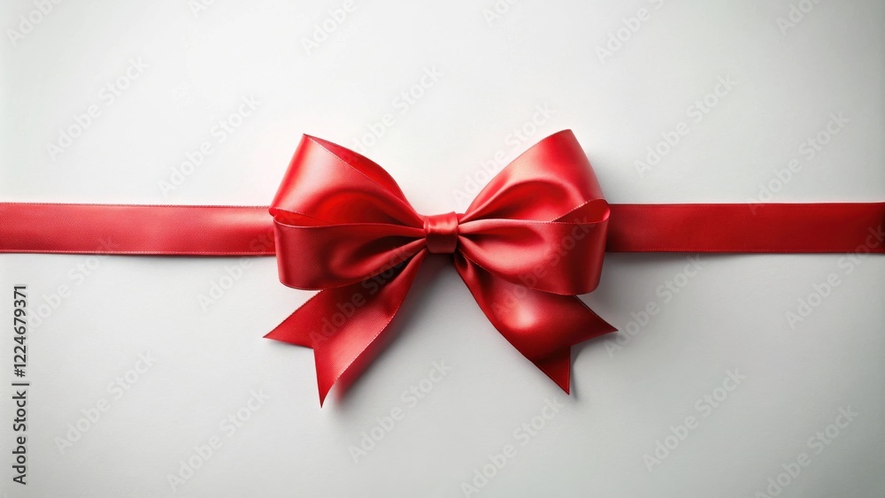 A vibrant red satin ribbon tied in a perfect bow, elegantly arranged on a pristine white background A vibrant red satin ribbon tied in a perfect bow, elegantly arranged on a pristine white background