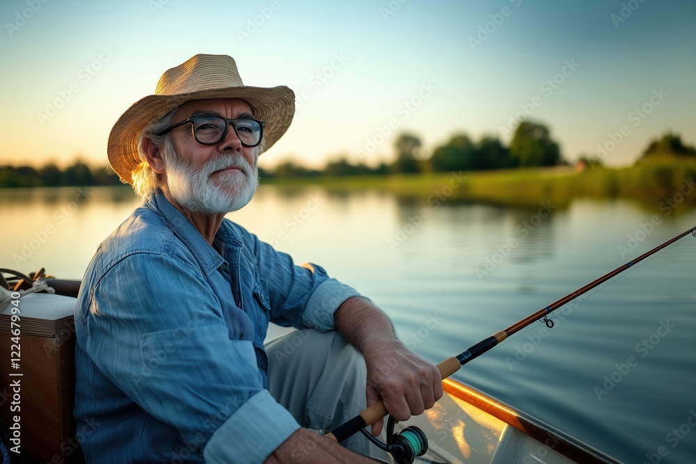 A senior man peacefully enjoys a fishing trip on a boat, surrounded by calm waters and stunning natural scenery A senior man peacefully enjoys a fishing trip on a boat, surrounded by calm waters and stunning natural scenery
