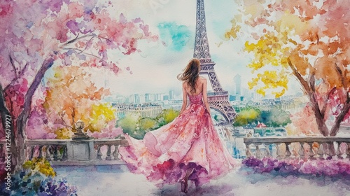 Fototapeta Naklejka Na Ścianę i Meble -  painting watercolor woman in paris. Selective focus.